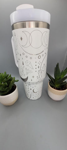 Mystic Boho, magic, moons and stars, Crystals 40oz Double Wall Insulated Tumbler with Handles Gift for mom, Granny, sister, Niece
