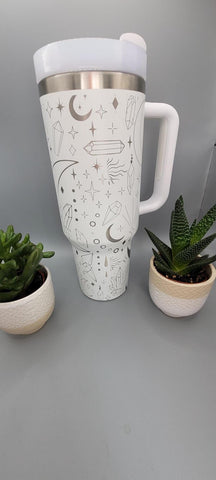 Mystic Boho, magic, moons and stars, Crystals 40oz Double Wall Insulated Tumbler with Handles Gift for mom, Granny, sister, Niece
