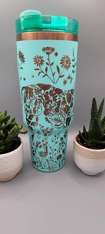 Horse and flowers, Horse Lover, Horseriding Teal and copper 40oz Double Wall Insulated Tumbler with Handles Gift for mom, sister
