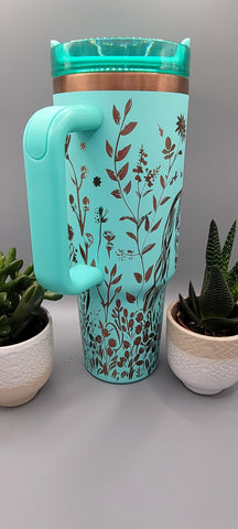 Horse and flowers, Horse Lover, Horseriding Teal and copper 40oz Double Wall Insulated Tumbler with Handles Gift for mom, sister