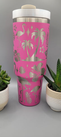 Flamingo, Hibiscus, Hawaii 40oz Double Wall Insulated Tumbler with Handles Gift for mom, Granny, sister, Niece