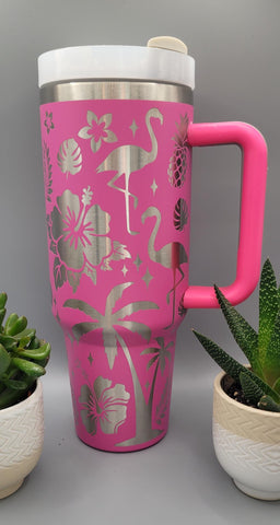 Flamingo, Hibiscus, Hawaii 40oz Double Wall Insulated Tumbler with Handles Gift for mom, Granny, sister, Niece