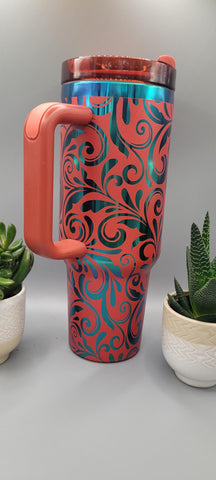 Red Mystic Paisley, Tooled Leather gift 40oz Double Wall Insulated Tumbler with Handles Gift for mom, Granny, sister, Niece