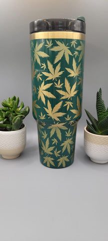 Weed, cannabis Green and Gold 40oz Double Wall Insulated Tumbler with Handles Gift for mom, sister
