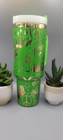 Alien, Retro, Halloween Peace, Good vibes, Retro Green and Gold 40oz Double Wall Insulated Tumbler with Handles Gift for mom, sister