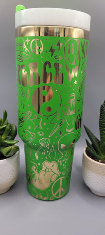 Alien, Retro, Halloween Peace, Good vibes, Retro Green and Gold 40oz Double Wall Insulated Tumbler with Handles Gift for mom, sister