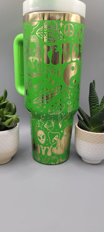 Alien, Retro, Halloween Peace, Good vibes, Retro Green and Gold 40oz Double Wall Insulated Tumbler with Handles Gift for mom, sister