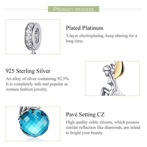 Elf Planet Blue Zircon Charm 925 Silver Charm Platinum plated European style Bracelet, Necklace Charm, 925 Charm Gifts for her