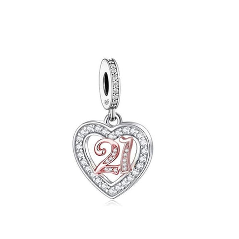 21st Birthday Celebration, 925 Sterling Silver 21st Birthday Dangle Charm Bead Landmark Birthday Fits all Charm Bracelets 21st heart charm