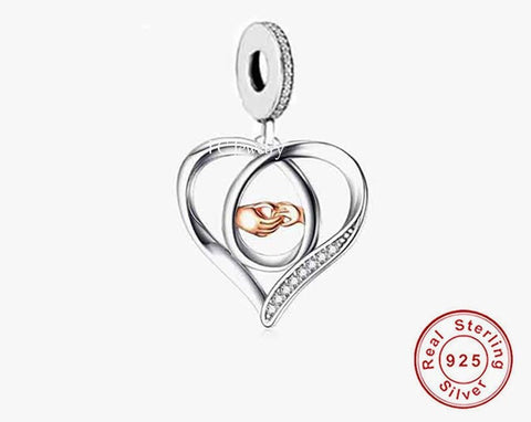 New baby and mom hands in double heart Dangle Charm Brand New S925 Sterling Silver Heart Charm  Charm Fits all Charm Bracelets Baby New mom