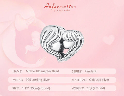 Mom and Daughter Heart Charm 925 Silver Charm European style Bracelet, Necklace Charm, 925 Charm Gifts for her