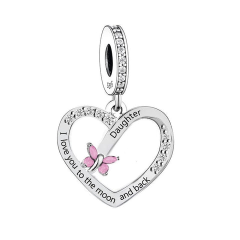 Daughter Heart Charm I Love You to the Moon & Back Heart 925 Silver Charm European style Bracelet, Necklace charm