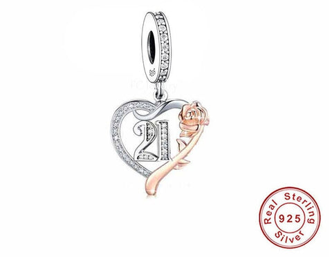 21st Birthday Celebration, 925 Sterling Silver 21st Birthday Dangle Charm Bead Landmark Birthday Fits all Charm Bracelets 21st heart charm