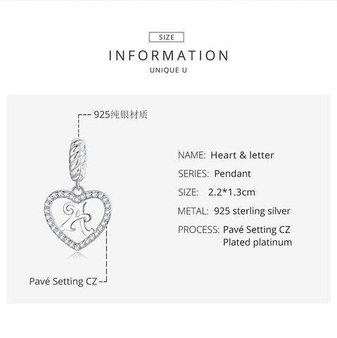 Alphabet Letter N Heart Dangle Charm 925 Silver Charm European style Bracelet , Necklace Charm, 925 Charm, Gifts for her