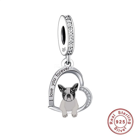 French Bull dog Dog Charms Fit  Bracelets, 925 Sterling Silver, Dog Lover Gift, Dog Jewelry, Dog Keepsake Heart Charm