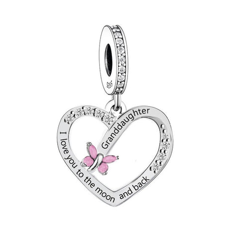 Granddaughter Heart Charm I Love You to the Moon & Back Heart 925 Silver Charm European style Bracelet, Necklace charm