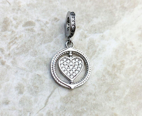 Love Heart Rotated Dangle Charm Heart 925 Silver Charm European style Bracelet, Necklace Charm. Turning Heart charm