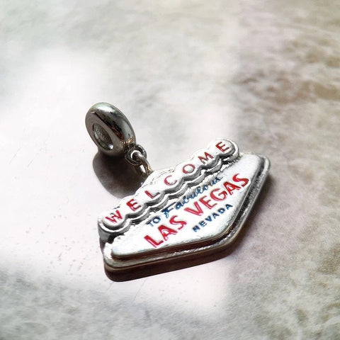 Welcome To Las Vegas Charm Fits European Bracelet, 925 Sterling Silver, Las Vegas Travel Jewelry, Las Vegas Keepsake Souvenir Las Vegas Gift