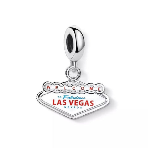 Welcome To Las Vegas Charm Fits European Bracelet, 925 Sterling Silver, Las Vegas Travel Jewelry, Las Vegas Keepsake Souvenir Las Vegas Gift