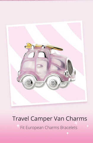 Travel Camper van charm, Surfing charm ,925 Sterling Silver Pink Enamel Travel Camper Van Charms for Bracelet or necklace Van with Surfboard