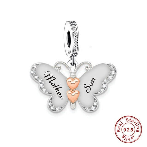 Mother and Son Butterfly Charm 925 Silver Charm European style Bracelet, Necklace charm