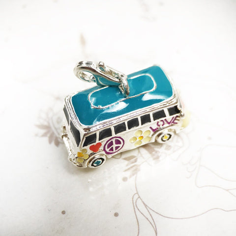 Colorful Peace Bus Camper Van Charm SUV 925 Silver Lobster claw Charm European style Bracelet, Necklace charm, Hippie Charm,Hippy Jewellery