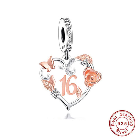 Sweet 16th Birthday 925 Sterling Silver 16th Birthday Dangle Charm Bead Landmark Birthday Fits all Charm Bracelets Heart charm