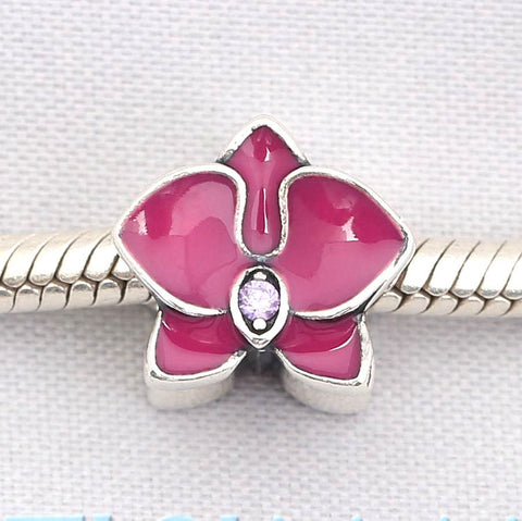 Red Enamel Orchid Flower charm, Flower 925 Silver Charm European style Bracelet , Necklace Charm, 925 Charm, Gifts for her