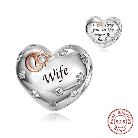 Wife Heart Charm Love you to the moon and back Heart 925 Silver Charm European style Bracelet, Necklace charm