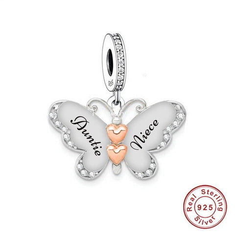 Auntie and  Niece butterfly Charm 925 Silver Charm European style Bracelet, Necklace charm