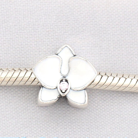 White Enamel Orchid Flower charm, Flower 925 Silver Charm European style Bracelet , Necklace Charm, 925 Charm, Gifts for her