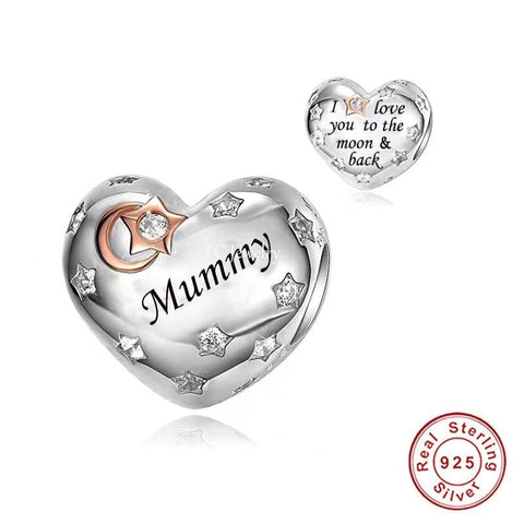 Mummy Heart Charm I Love You to the Moon and Back 925 Silver Charm European style Bracelet, Necklace charm