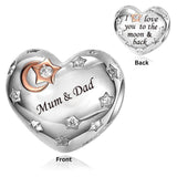 Mum Dad Heart Charm Genuine 925 Sterling Silver I Love You to the Moon & Back European style Bracelets 925 Sterling Silver