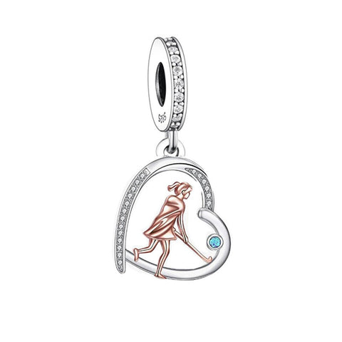 Girl Playing Hockey Dangle Charm  925 Silver Charm Fits European Bracelet Necklace Charm 925 Charm Heart charm Hockey Dance