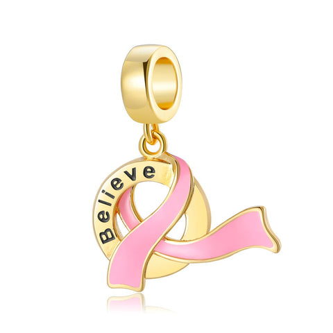 Breast Cancer Awareness Pink Ribbon Charms  925 Sterling Silver, Breast Cancer Survivor, Breast Cancer Hope Love Gift Believe