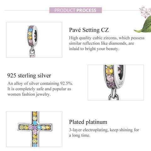 Colorful Cross Pendant Charm 925 Silver Charm European style Bracelet, Necklace charm, 925 Charm Religious gift, Cross charm