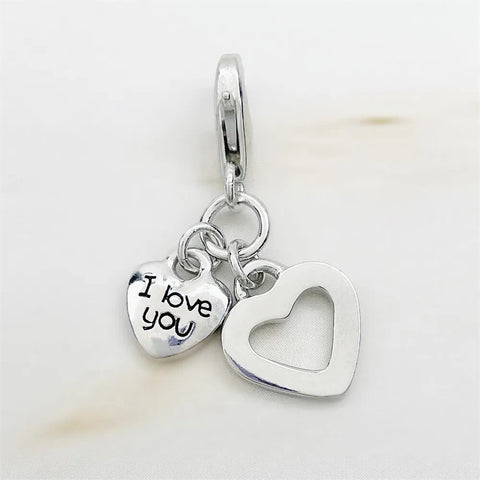 Love Heart 2 linked hearts Lobster claw Dangle Charm Heart 925 Silver Charm European style Bracelet, Necklace Charm. Turning Heart charm