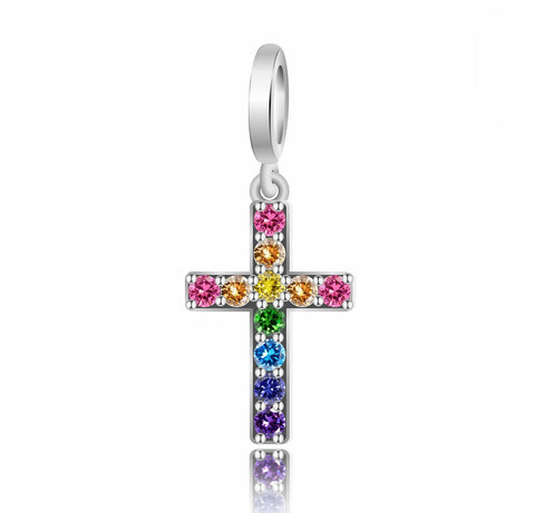 Colorful Cross Pendant Charm 925 Silver Charm European style Bracelet, Necklace charm, 925 Charm Religious gift, Cross charm