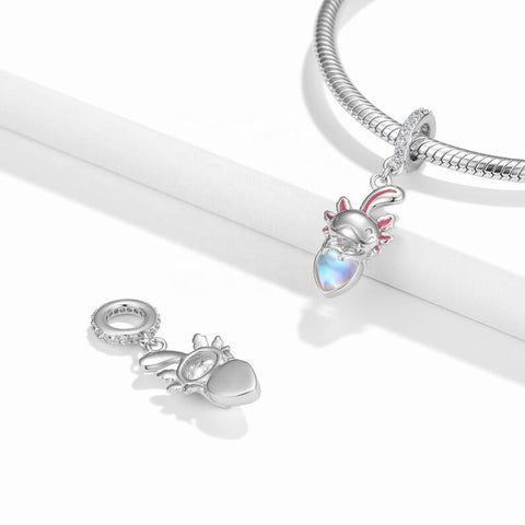 Moonlight Stone Mexican Axolotl  Charm European style Bracelets,925 Sterling Silver, Salamander charm Pendant, Salamander Gift