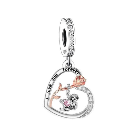 Adorable Sloth Dangle Charm  'I Love You Forever'  925 Sterling Silver- Perfect Gift Idea- Fits all Charm Bracelets Sloth Heart charm