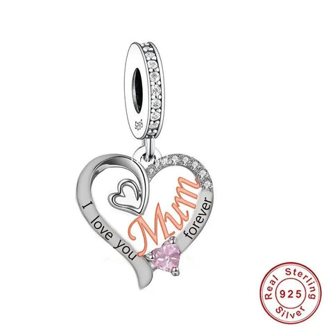 Mum Heart Dangle charm  I love you Forever Brand New S925 Sterling Silver Heart Charm  Mom Fits all Charm Bracelets