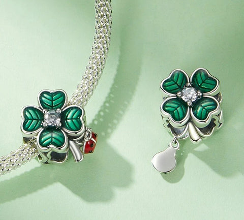 Green Four Clover Cloverleaf Charm, 4 Leaf Clover 925 Silver Charm , Necklace Charm, Bracelet charm, 925 Charm, Gifts for her