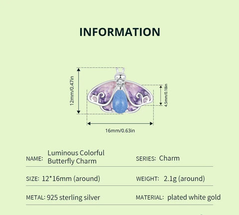 Luminous Purple Moth Stopper Charm Butterfly charm, Fits European style Charm 925 Sterling Silver Charm, Glow in the Dark