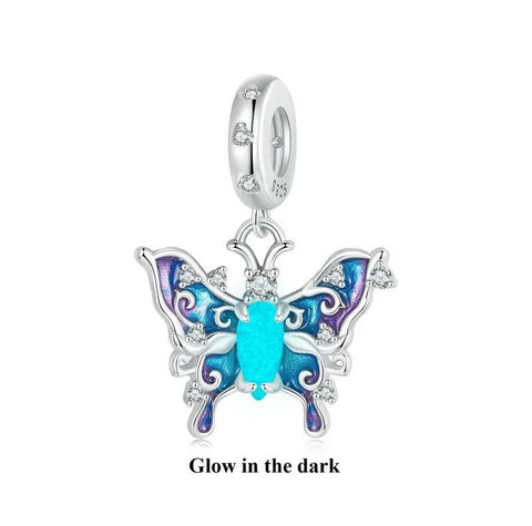 Luminous Purple Butterfly Charm Butterfly charm, Fits European style Charm 925 Sterling Silver Charm, Glow in the Dark