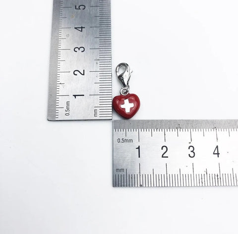 Switzerland charm, Swiss Charm, Lobster claw charm Red Cross Heart Pendant Dangle Charm, 925 Sterling Silver, Swiss Jewelry