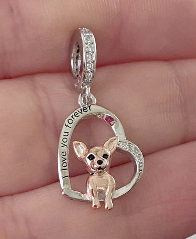 Chihuahua - Puppy Love, Genuine Brand New S925 Sterling Silver I Love You Forever Dangle Charm - Fits all Charm Bracelets