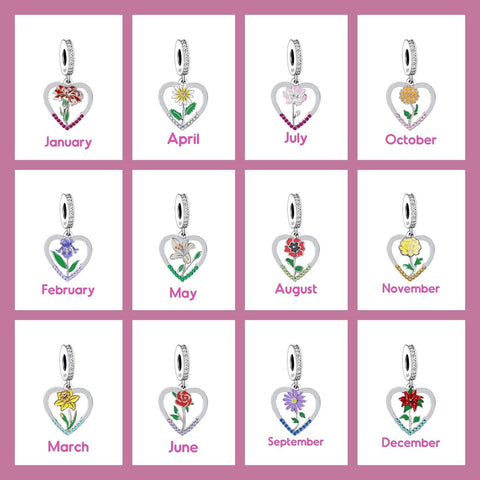 Birth Flower & Birthstone Charm 925 Sterling Silver Floral birth month Multi Color Silver Birth Month ,European style bracelets