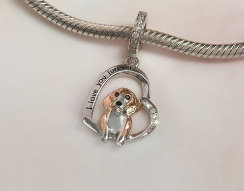 Beagle - Puppy Love, Genuine Brand New S925 Sterling Silver 'I Love You Forever'Dangle Charm - Fits all Charm Bracelets