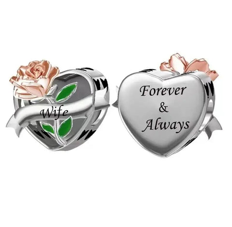 Wife Heart Charm Forever & always Charm Heart 925 Silver Charm European style Bracelet, Necklace charm