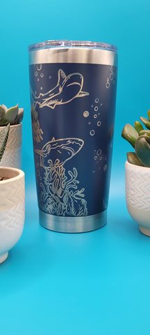 Sharks Ocean Scene Laser Engraved Custom Seamless 20oz Double Wall Insulated Tumbler Travel mug